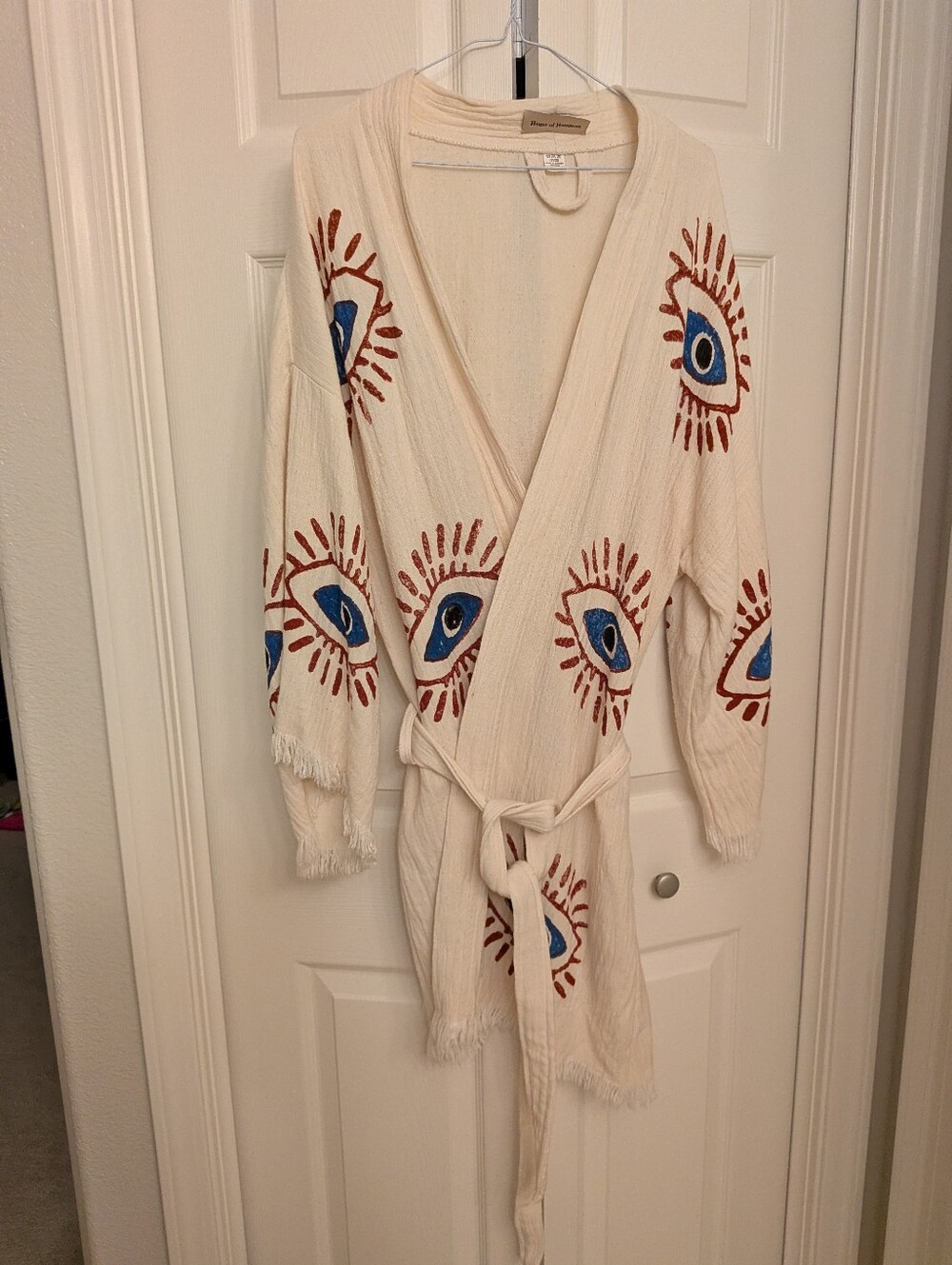 House Of Hamam Cream Eye Motif Wrap  with Blue & Rust Accents
